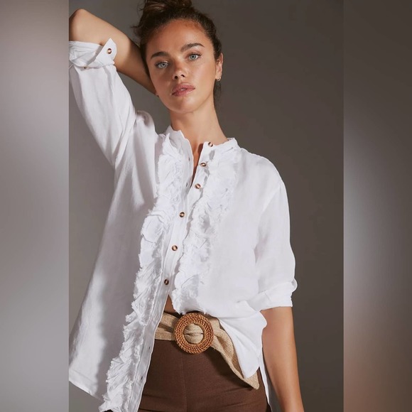 Anthropologie Tops - Anthropologie Pilcro Linen Ruffled Placket Button Down Shirt Size M